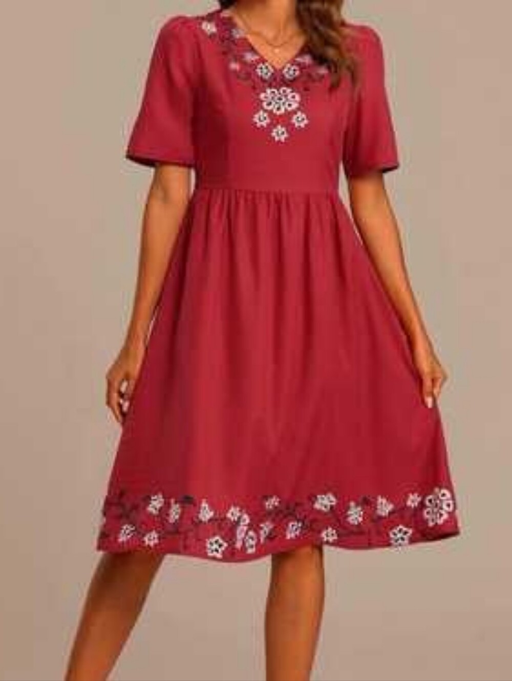 Ivy City Heidi Burgundy Cotton Short-Sleeve Embroidered Cottage core Dress